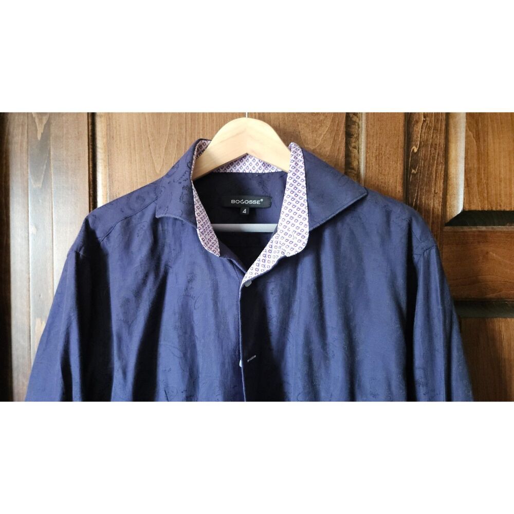 Bogosse Paisley Embossed Indigo Blue Men's Dress Shirt | Large
